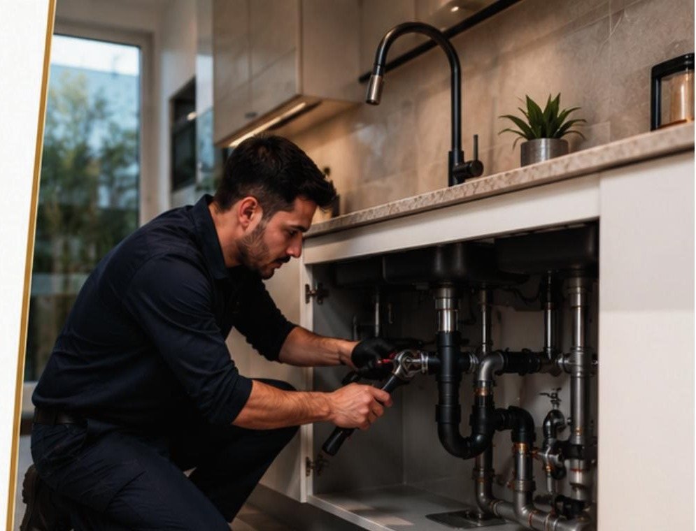 Professional plumbing service under a kitchen sink